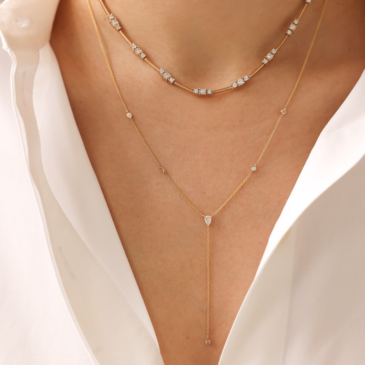 Taylor Elaine Bezel and Pear Diamond Lariat Necklace