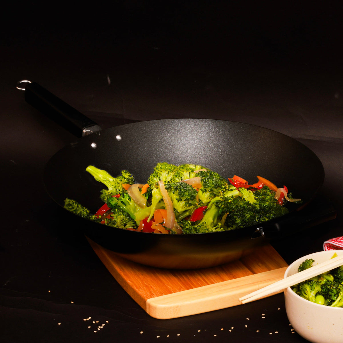 J22-0040 - Joyce Chen Nonstick Carbon Steel Flat Bottom Wok with Phenolic Handles, 14"