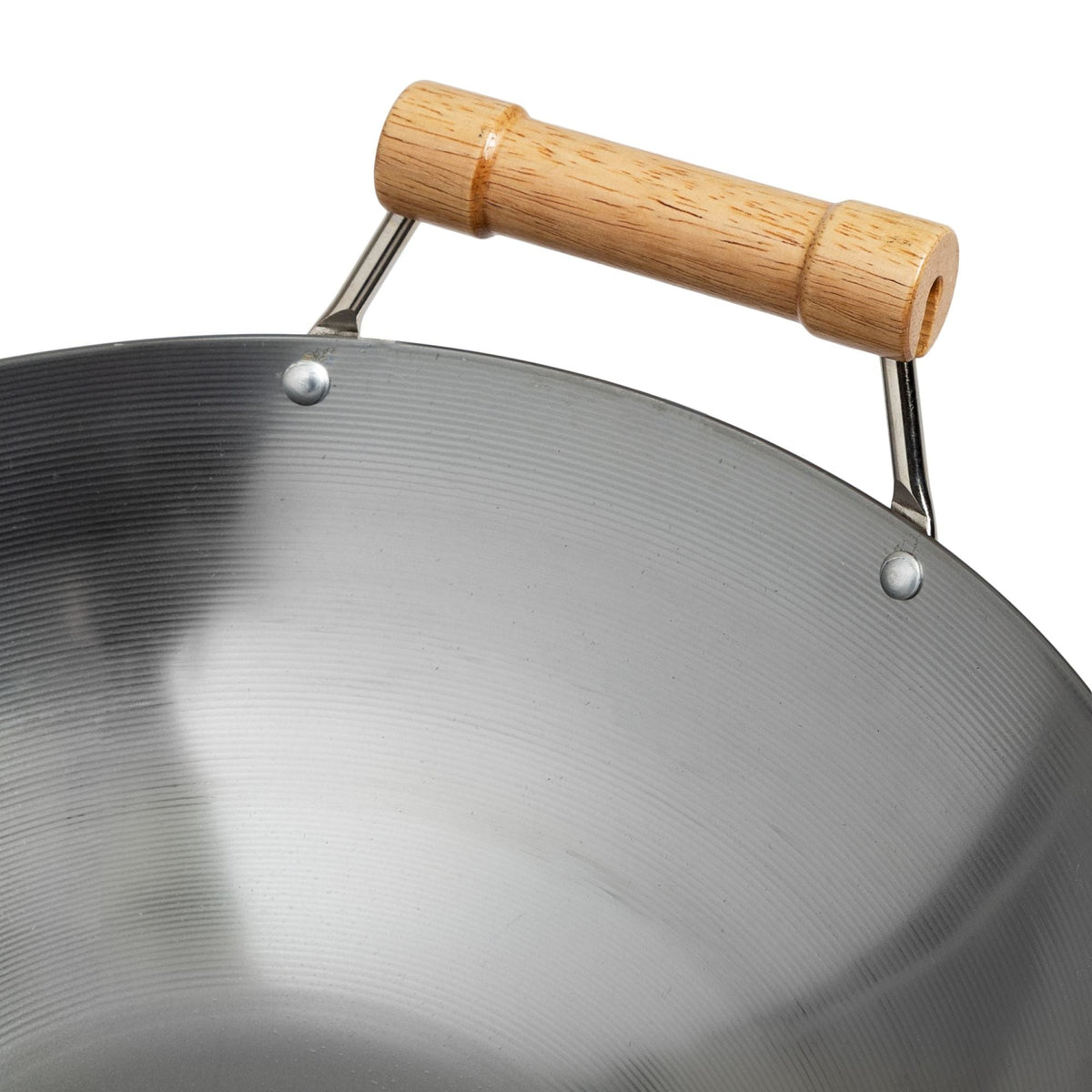 J20-1140 - Joyce Chen Uncoated Carbon Steel Round Bottom Wok with Birch Handles, 14"