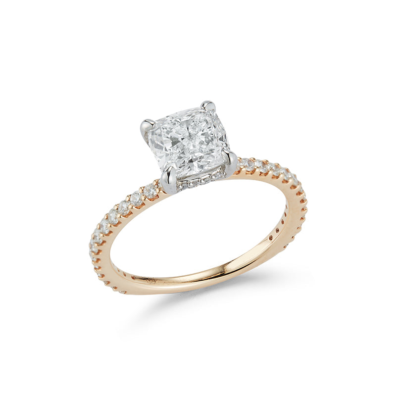 Prong Set Hidden Halo Engagement Ring with 1.64 Ct. Cushion Cut Diamond