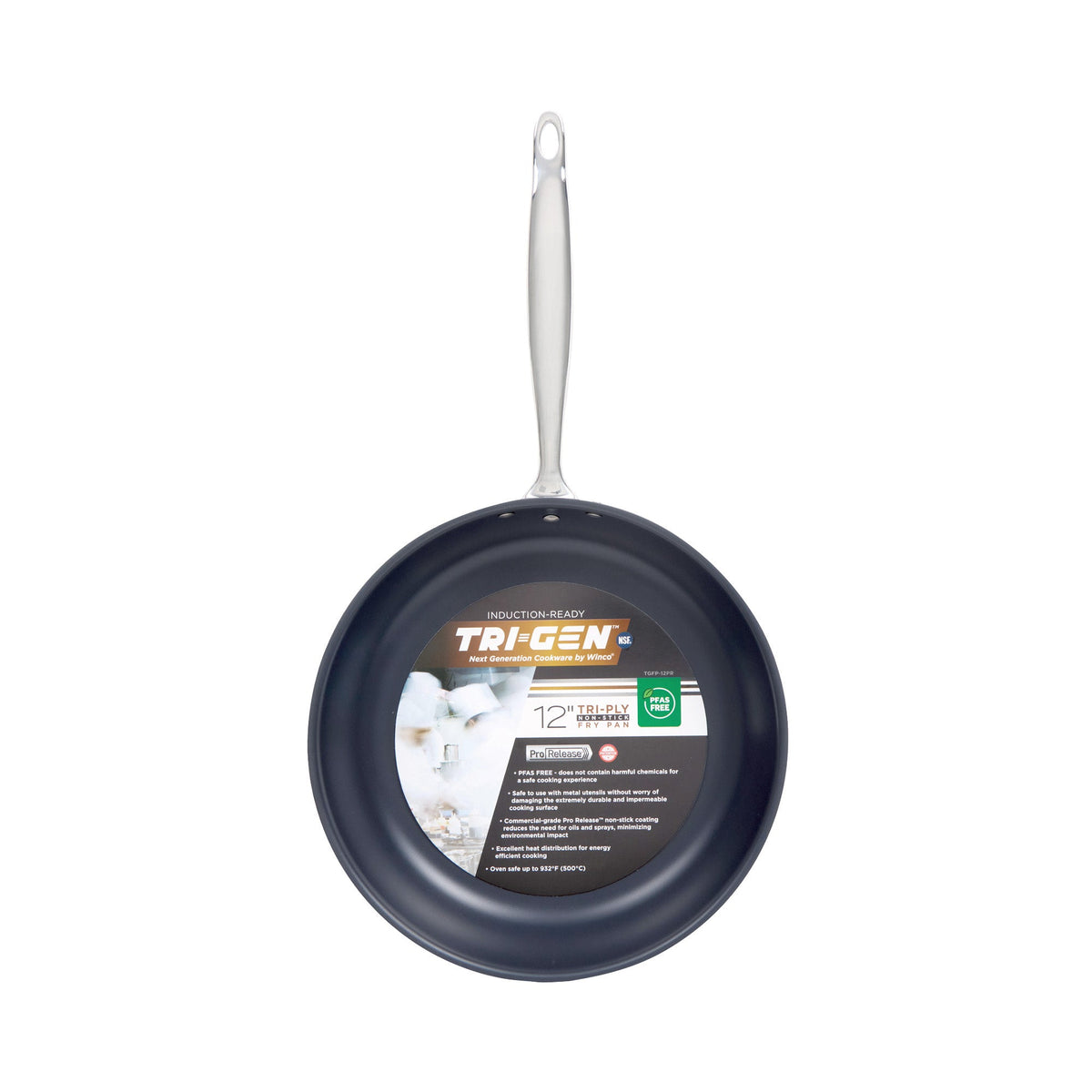 TGFP-12PR - TRI-GEN, 12" Fry Pan, Pro-Release Non-Stick, Tri-ply, Induction Ready, 18/8 SS, NSF, PFAS-Free