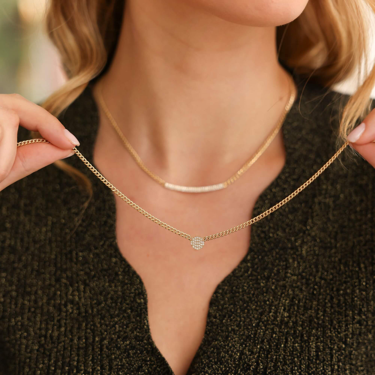Lauren Joy Cuban Chain Disc Necklace - White Gold