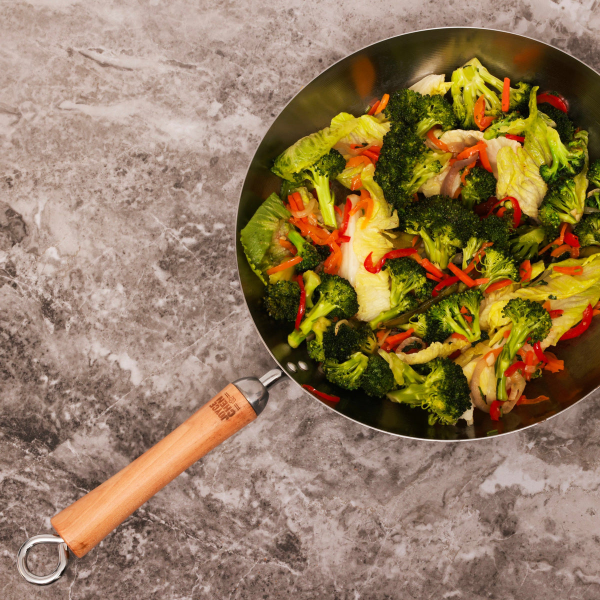 J21-9979 - Joyce Chen Uncoated Carbon Steel Stir Fry Pan with Birch Handle, 12"