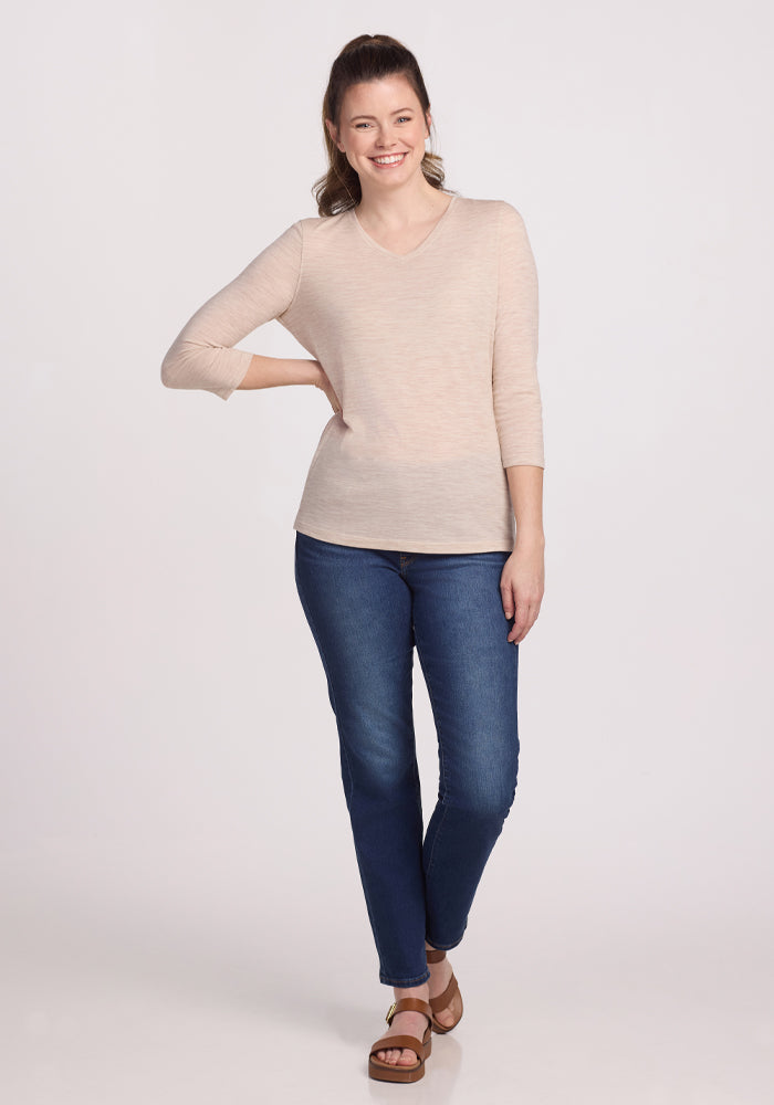 Elena 3/4 Sleeve V Neck - Cream Heather