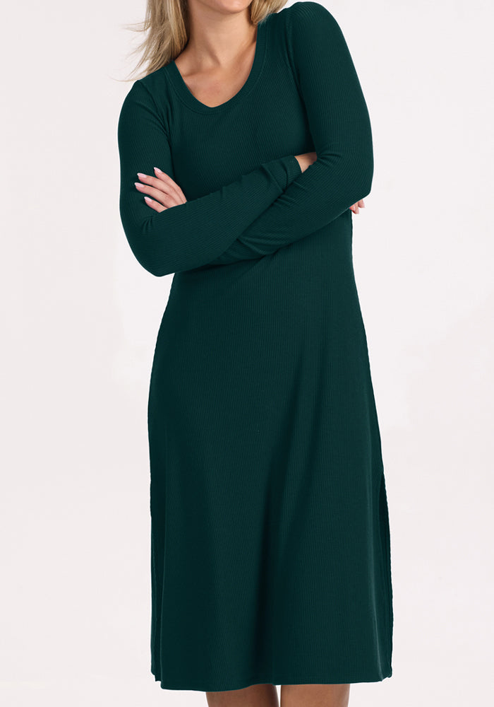 Caroline Ribbed Twirl Dress - Deep Pine