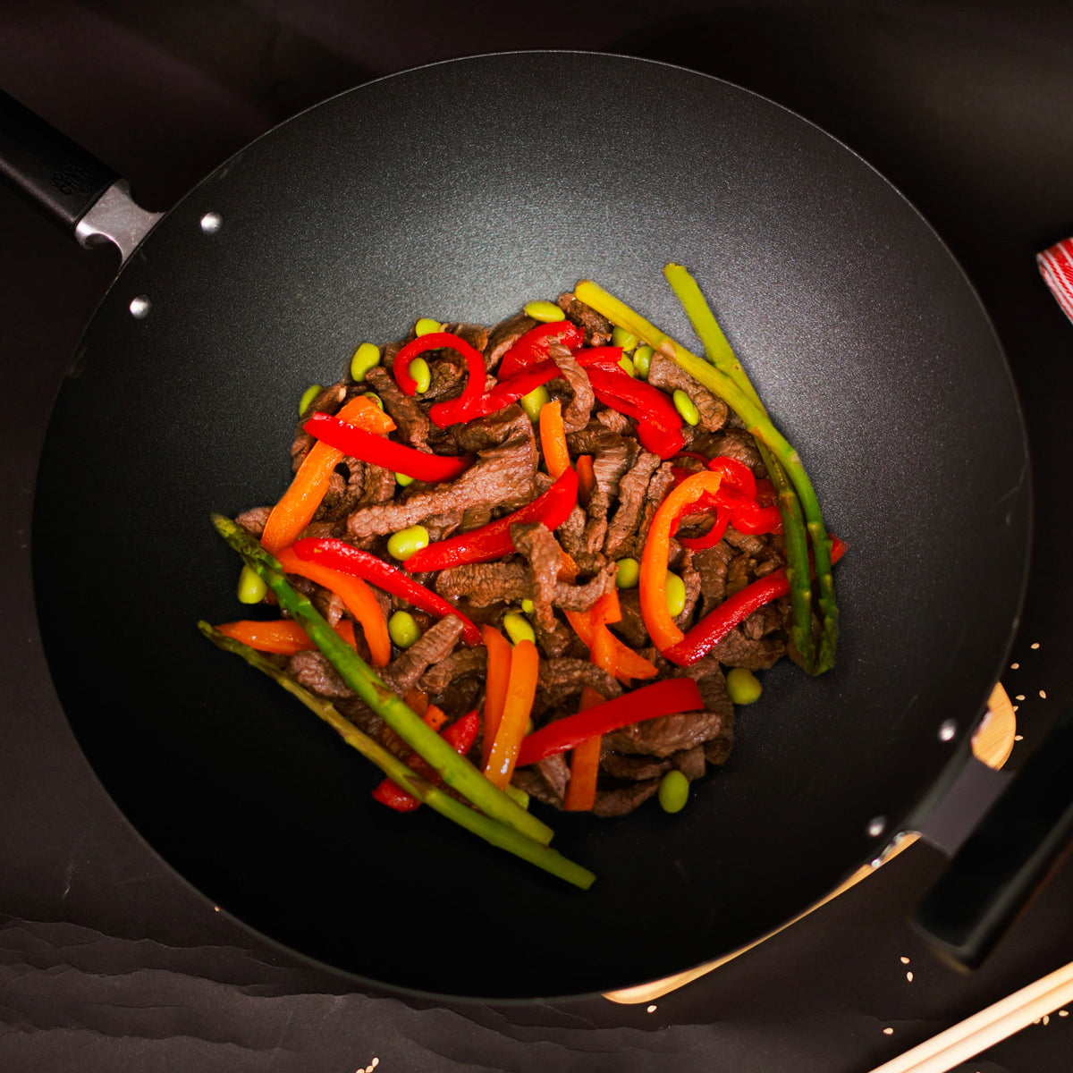 J22-0040 - Joyce Chen Nonstick Carbon Steel Flat Bottom Wok with Phenolic Handles, 14"