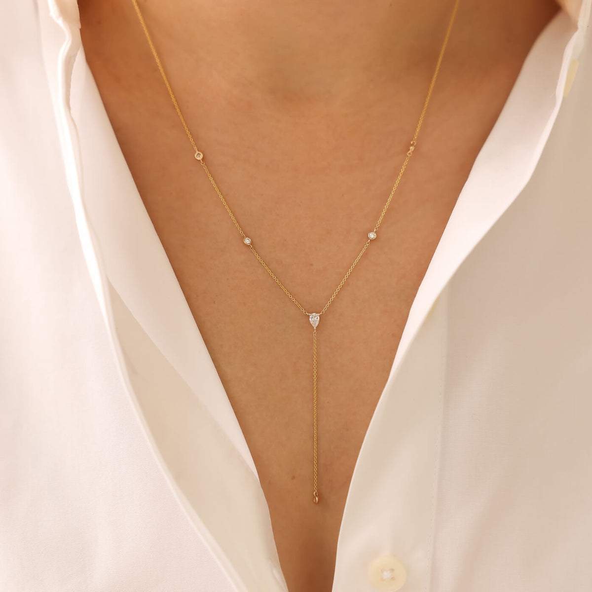 Taylor Elaine Bezel and Pear Diamond Lariat Necklace