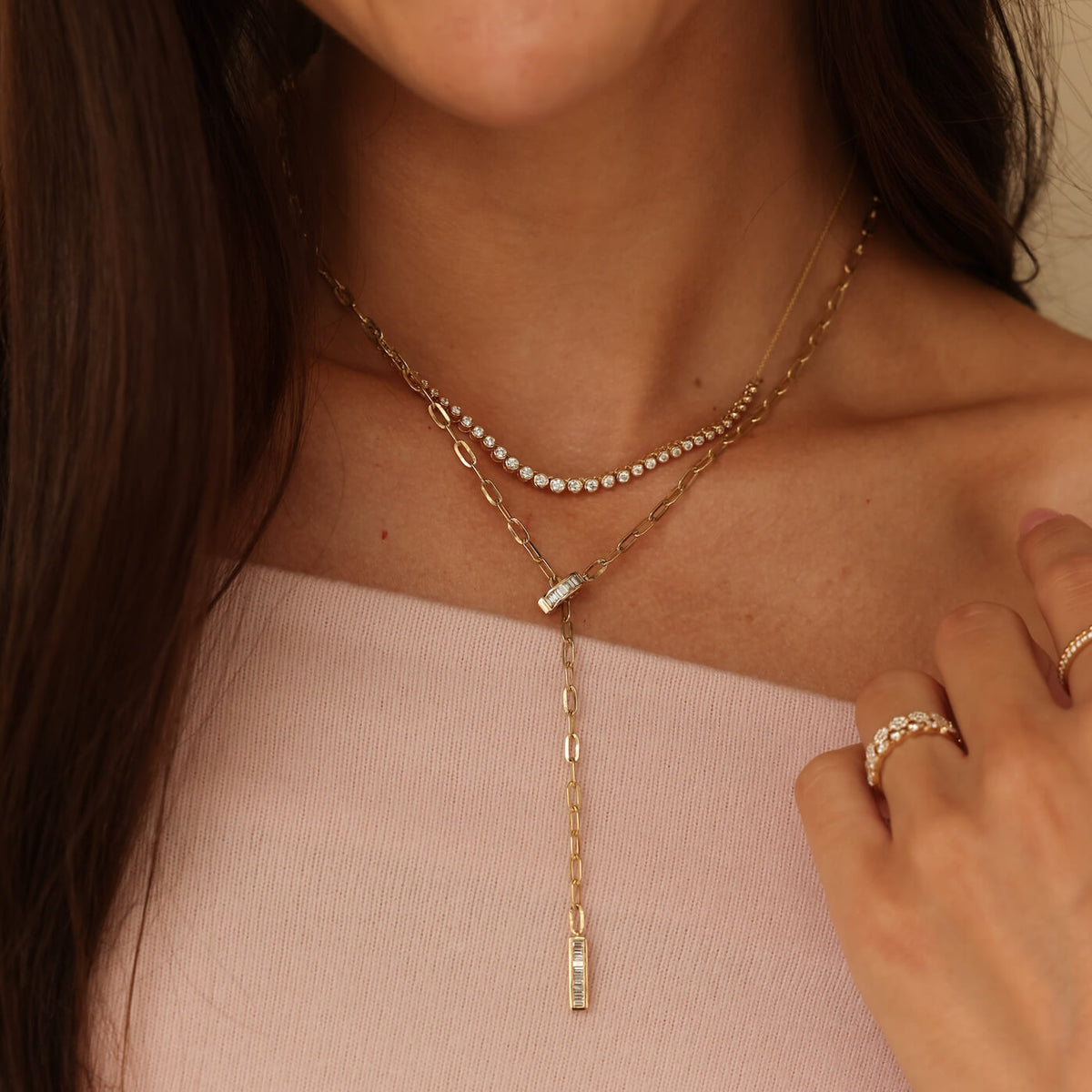Sadie Pearl Baguette Paperclip Lariat Necklace