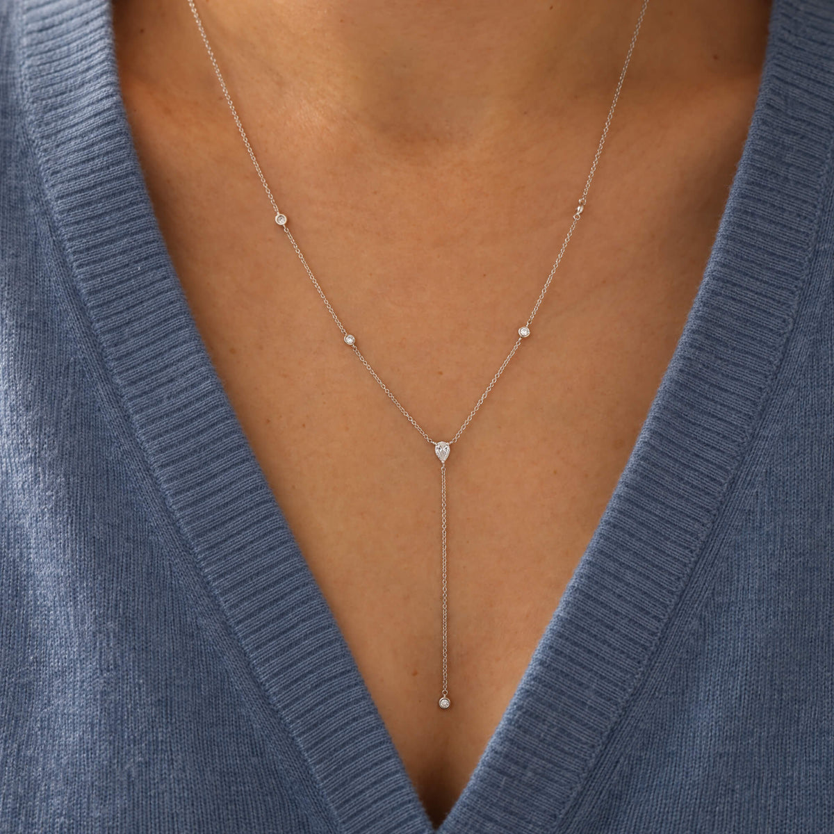 Taylor Elaine Bezel and Pear Diamond Lariat Necklace