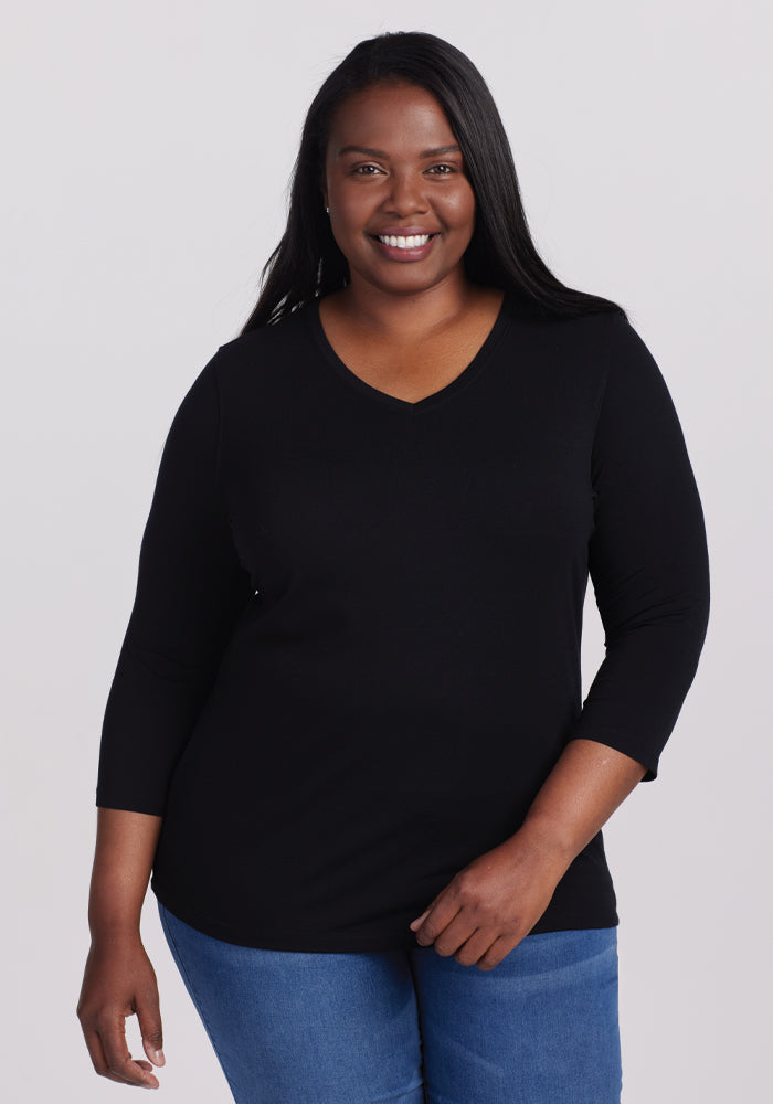 Elena 3/4 Sleeve V Neck - Black