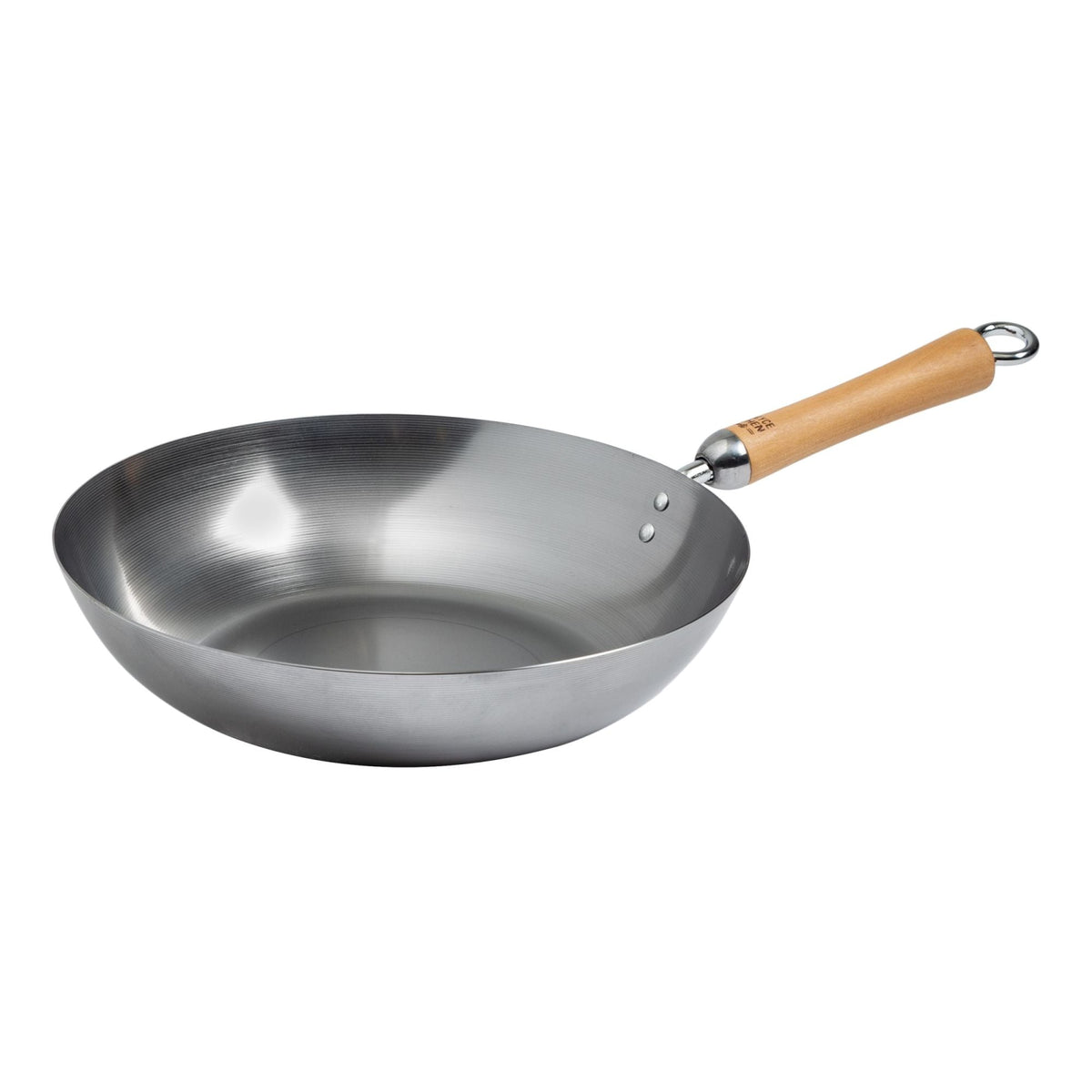 J21-9979 - Joyce Chen Uncoated Carbon Steel Stir Fry Pan with Birch Handle, 12"