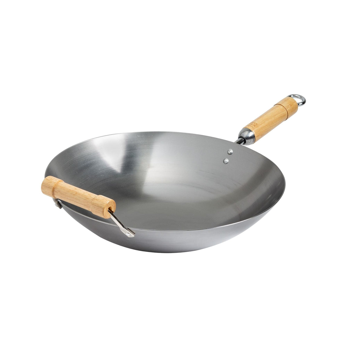 J20-1140 - Joyce Chen Uncoated Carbon Steel Round Bottom Wok with Birch Handles, 14"