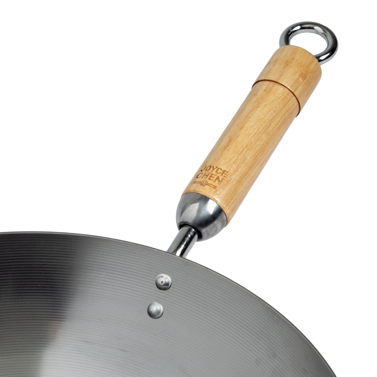 J20-1140 - Joyce Chen Uncoated Carbon Steel Round Bottom Wok with Birch Handles, 14"