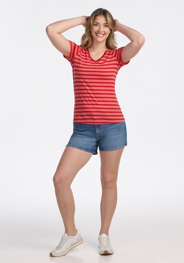 Mia V Neck - Wildberry Stripe