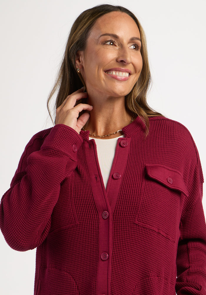 Oaklynn Waffle Shacket - Beet Red