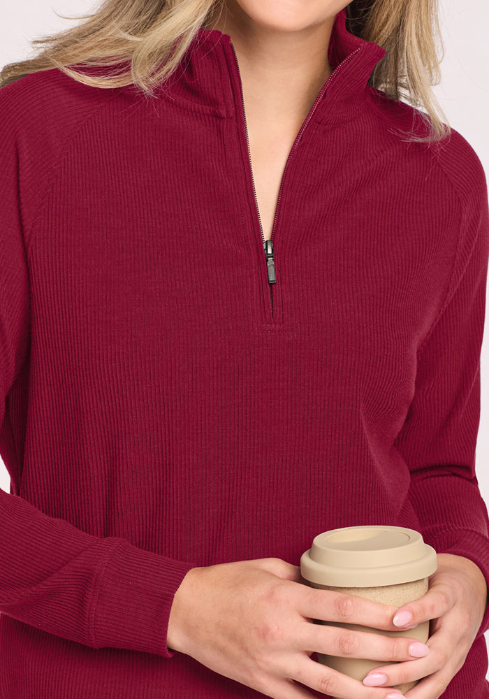 Quinn Ribbed 1/4 Zip - Beet Red