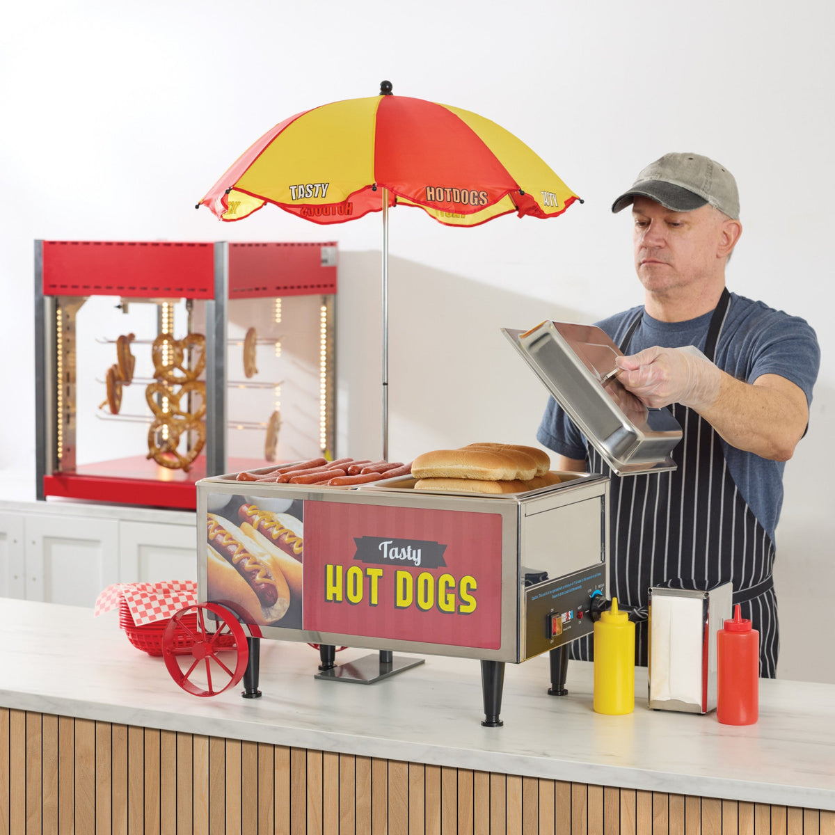 60072 - BenchmarkUSA Hot Dog Steamer Mini Cart with Umbrella