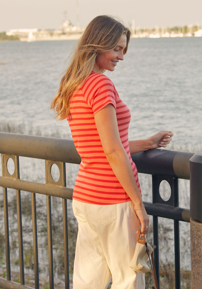 Mia V Neck - Wildberry Stripe